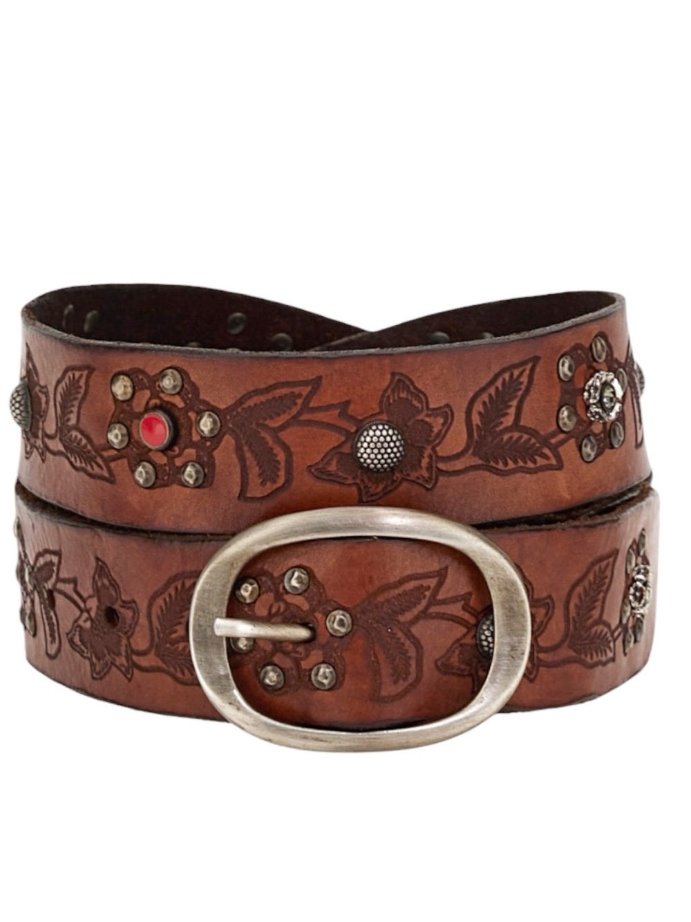 Campomaggi Iperico Cognac-coloured leather belt w/ metallic studs floral motif